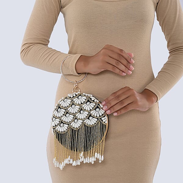 Shop Lc Green Hand Embroidery Pearl Studded Velvet Clutch With Tassels Ring Handle And Sling Chain