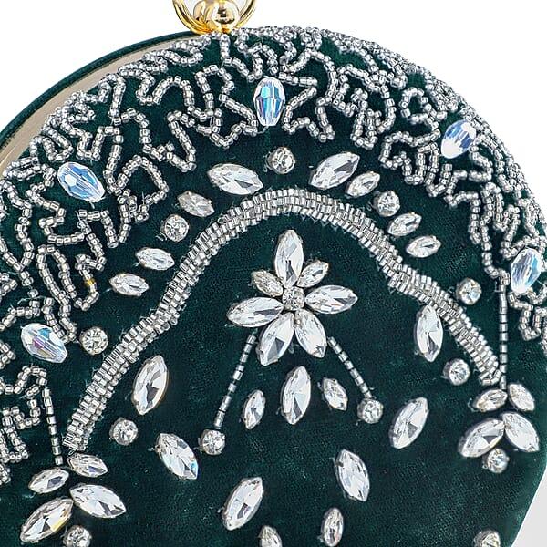 Shop Lc Green Hand Embroidery Round Shaped Beads Studded Velvet Clutch With Ring Handle And Sling Chain