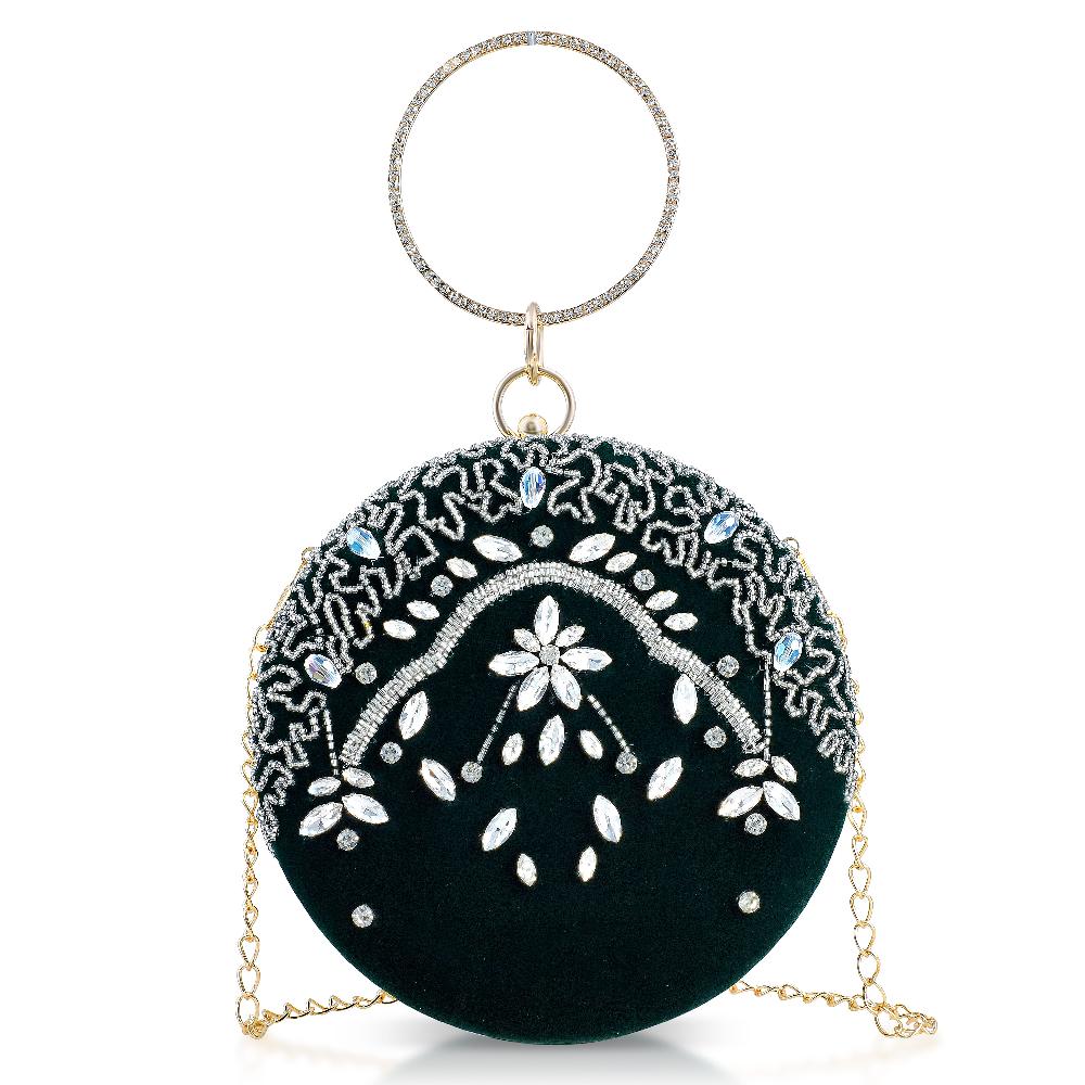 shop lc Green Hand Embroidery Round Shaped Beads Studded Velvet Clutch with Ring Handle and Sling Chain