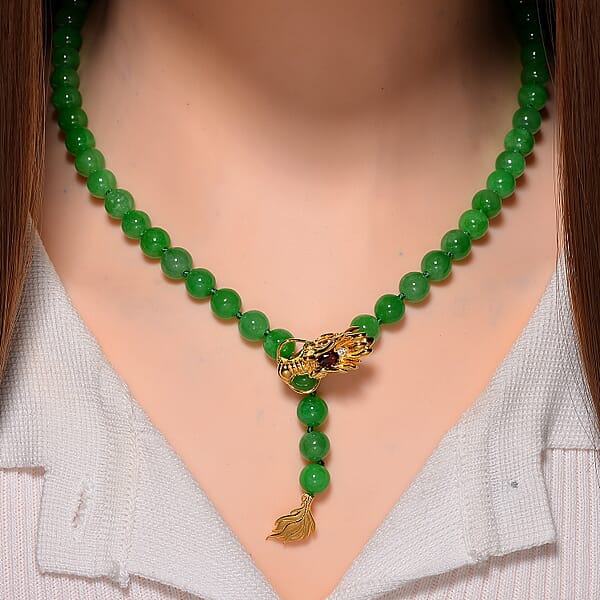 Shop Lc Green Jade (D) And Multi Gemstone 220.90 Ctw Dragon Necklace In 18K Vermeil Yellow Gold Over Sterling Silver 18-20 Inches