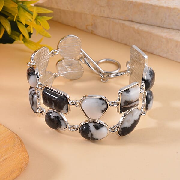 Shop Lc Grey Zebra Jasper 125.00 Ctw 2 Row Link Bracelet In Silvertone (7.00-8.75In)
