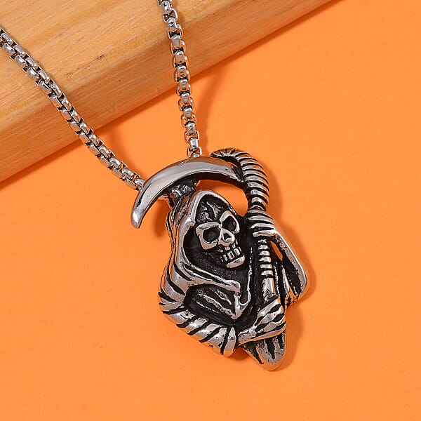 Shop Lc Grim Reaper Pendant Necklace In Black Oxidized And Stainless Steel 24 Inches