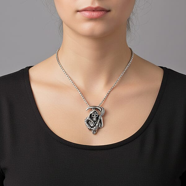 Shop Lc Grim Reaper Pendant Necklace In Black Oxidized And Stainless Steel 24 Inches