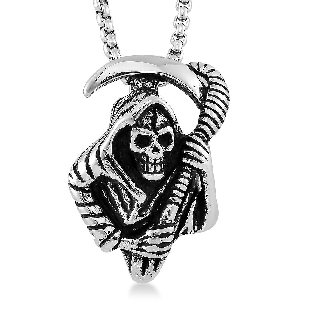 shop lc Grim Reaper Pendant Necklace in Black Oxidized and Stainless Steel 24 Inches