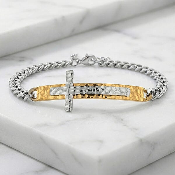 Shop Lc Hammered Cross Bracelet In ION Plated YG Stainless Steel (7.50-9.0In)