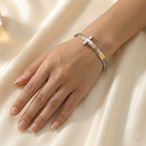 Shop Lc Hammered Cross Bracelet In ION Plated YG Stainless Steel (7.50-9.0In)