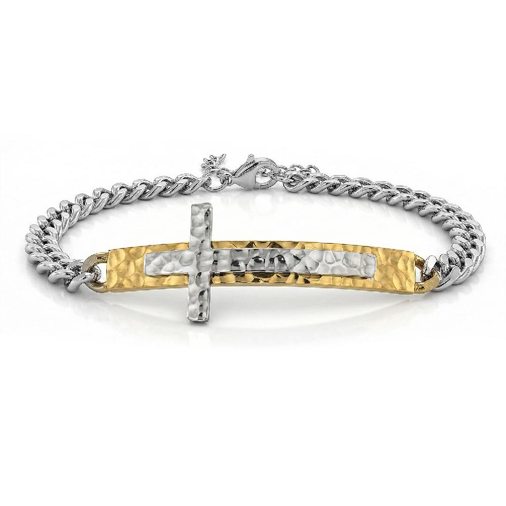 shop lc Hammered Cross Bracelet in ION Plated YG Stainless Steel (7.50-9.0In)