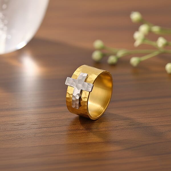 Shop Lc Hammered Cross Design Ring In ION Plated YG And Stainless Steel