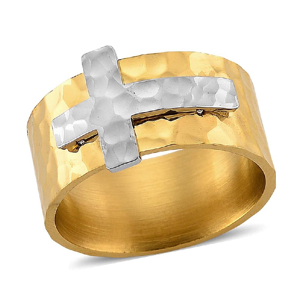 shop lc Hammered Cross Design Ring in ION Plated YG and Stainless Steel
