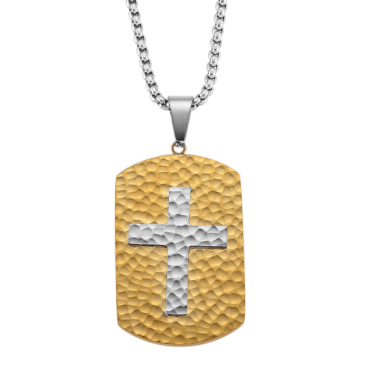 shop lc Hammered Cross Pendant Necklace in ION Plated YG and Stainless Steel (20-22 Inches)