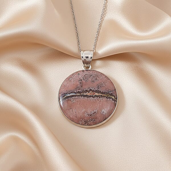 Shop Lc Hand-Polish Round Red Picture Jasper 50.00 Ctw Pendant In Silvertone With Stainless Steel Necklace (20 Inches)