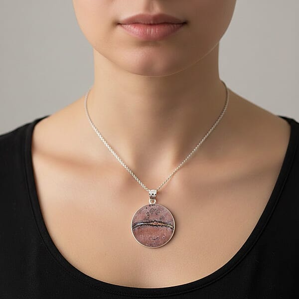 Shop Lc Hand-Polish Round Red Picture Jasper 50.00 Ctw Pendant In Silvertone With Stainless Steel Necklace (20 Inches)