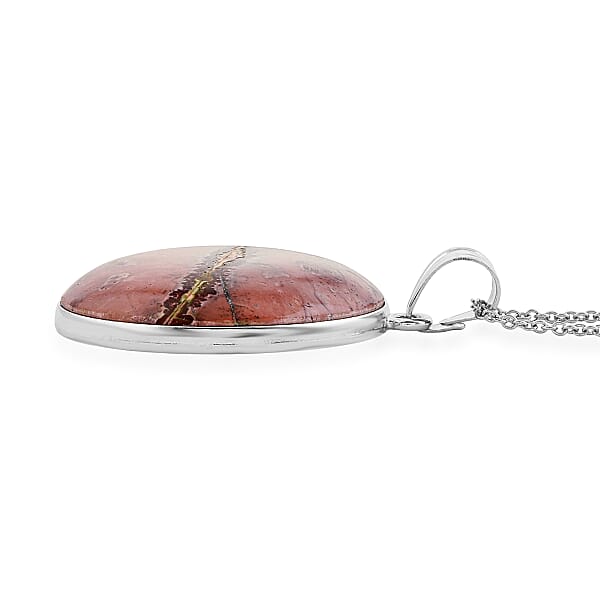 Shop Lc Hand-Polish Round Red Picture Jasper 50.00 Ctw Pendant In Silvertone With Stainless Steel Necklace (20 Inches)