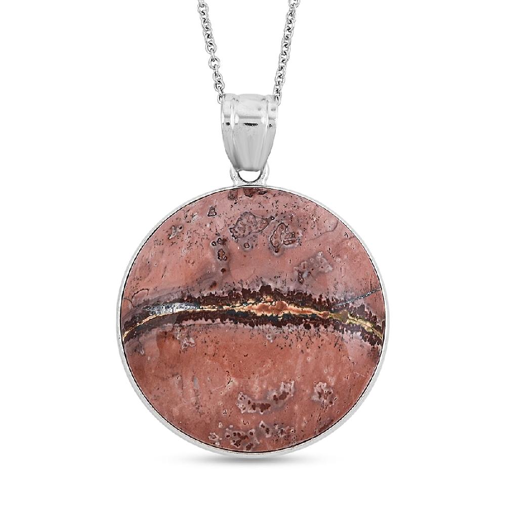 shop lc Hand-Polish Round Red Picture Jasper 50.00 ctw Pendant in Silvertone with Stainless Steel Necklace (20 Inches)