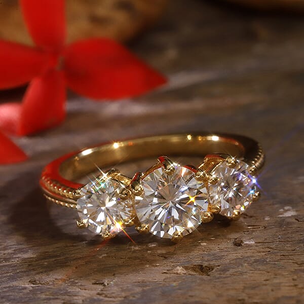 Shop Lc Heart And Arrows Cut Moissanite 1.75 Ctw Trilogy Ring In Vermeil YG Over Sterling Silver Three Stone Engagement Ring For Women