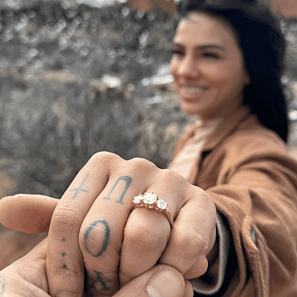 Shop Lc Heart And Arrows Cut Moissanite 1.75 Ctw Trilogy Ring In Vermeil YG Over Sterling Silver Three Stone Engagement Ring For Women