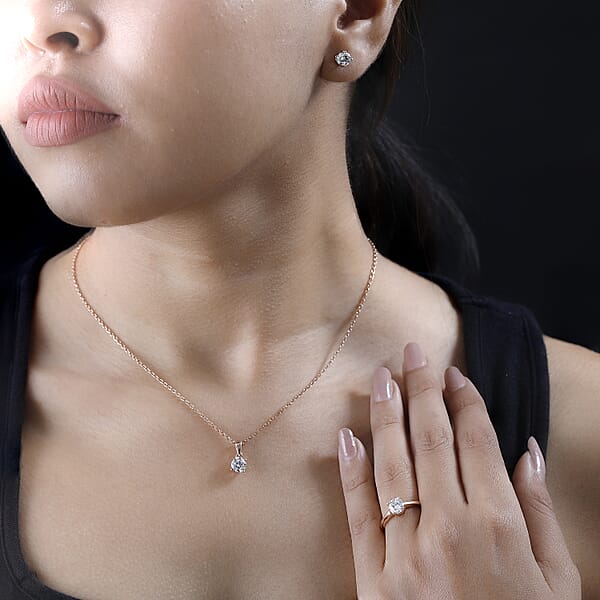 Shop Lc Heart And Arrows Cut Moissanite 2.35 Ctw Solitaire Ring Stud Earrings And Pendant Without Chain In Vermeil RG Over Sterling Silver