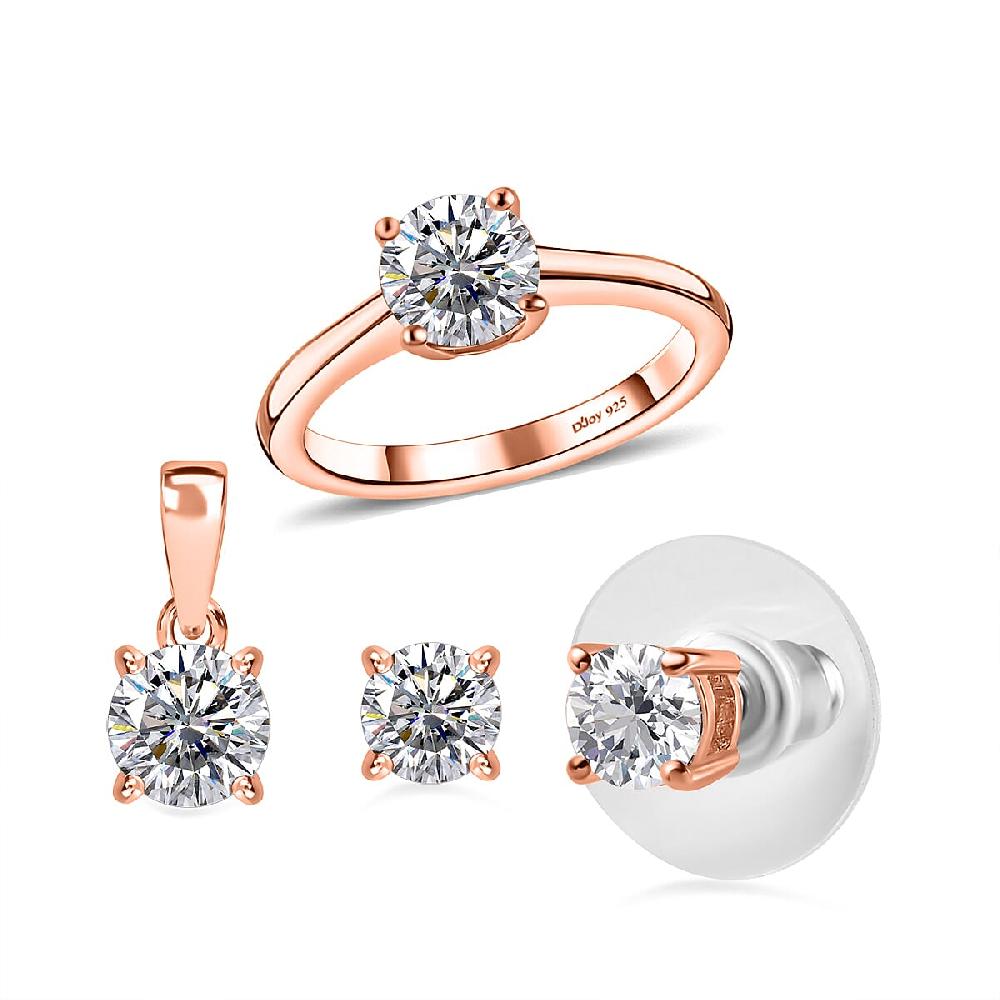 shop lc Heart and Arrows Cut Moissanite 2.35 ctw Solitaire Ring Stud Earrings and Pendant without Chain in Vermeil RG Over Sterling Silver