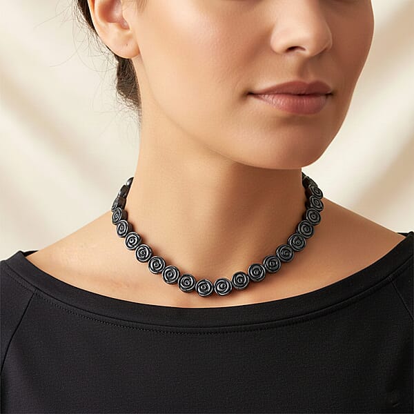 Shop Lc Hematite Carved Rose Flower Necklace In Silvertone 337.00 Ctw (21- 23 Inches)