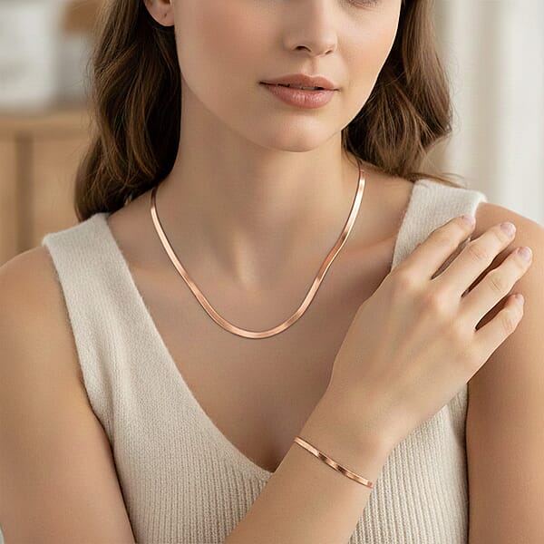 Shop Lc Herringbone Chain Bracelet (8.50In) And Necklace (24 Inches) In ION Plated RG Stainless Steel