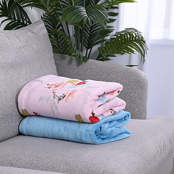 Shop Lc Homesmart Set Of 2 Pink Bottom/Flower Pattern & Blue Solid Microfiber Flannel Blanket