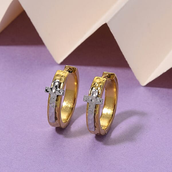 Shop Lc Huggie Hoop Earrings In ION Plated YG And Stainless Steel (Hammered Texture Cross Design)
