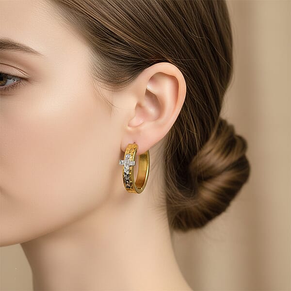 Shop Lc Huggie Hoop Earrings In ION Plated YG And Stainless Steel (Hammered Texture Cross Design)