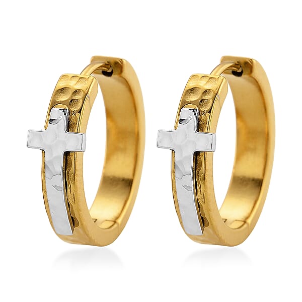 Shop Lc Huggie Hoop Earrings In ION Plated YG And Stainless Steel (Hammered Texture Cross Design)