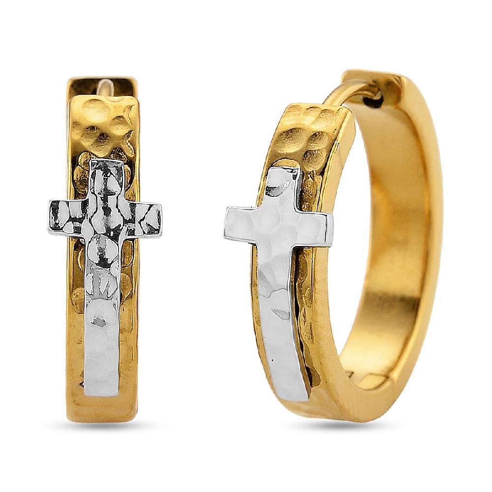 shop lc Huggie Hoop Earrings in ION Plated YG and Stainless Steel (Hammered Texture Cross Design)