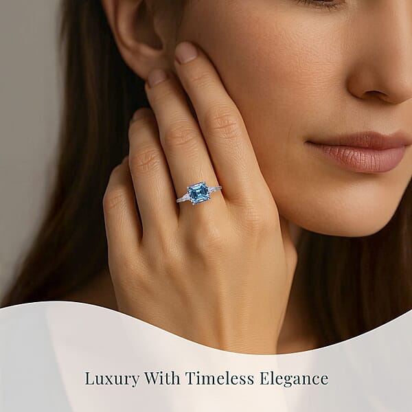 Shop Lc IGI Certified Asscher Cut Luxuriant Lab Grown Blue Diamond (IR) VS And Lab Grown Diamond 4.15 Ctw Azure Majesty Ring In 950 Platinum 4.50 Grams
