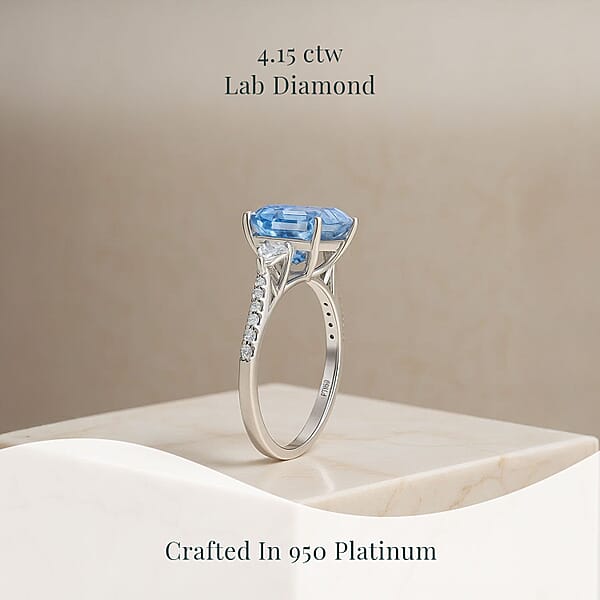 Shop Lc IGI Certified Asscher Cut Luxuriant Lab Grown Blue Diamond (IR) VS And Lab Grown Diamond 4.15 Ctw Azure Majesty Ring In 950 Platinum 4.50 Grams