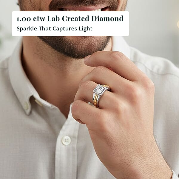 Shop Lc IGI Certified Luxuriant Lab Grown Diamond VS2 1.00 Ctw Command Square Men's Ring In 10K White And Yellow Gold