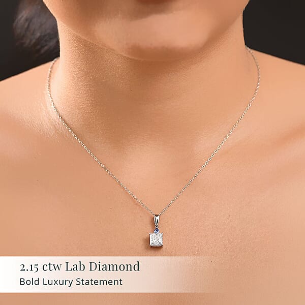 Shop Lc IGI Certified Princess Cut Luxuriant Lab Grown Diamond E-F VS And Ceylon Blue Sapphire 2.15 Ctw Pendant Necklace In 950 Platinum 20 Inches