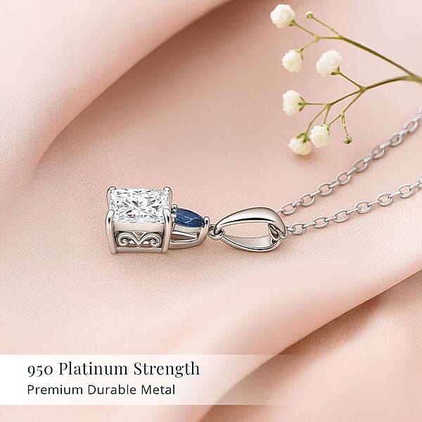 Shop Lc IGI Certified Princess Cut Luxuriant Lab Grown Diamond E-F VS And Ceylon Blue Sapphire 2.15 Ctw Pendant Necklace In 950 Platinum 20 Inches