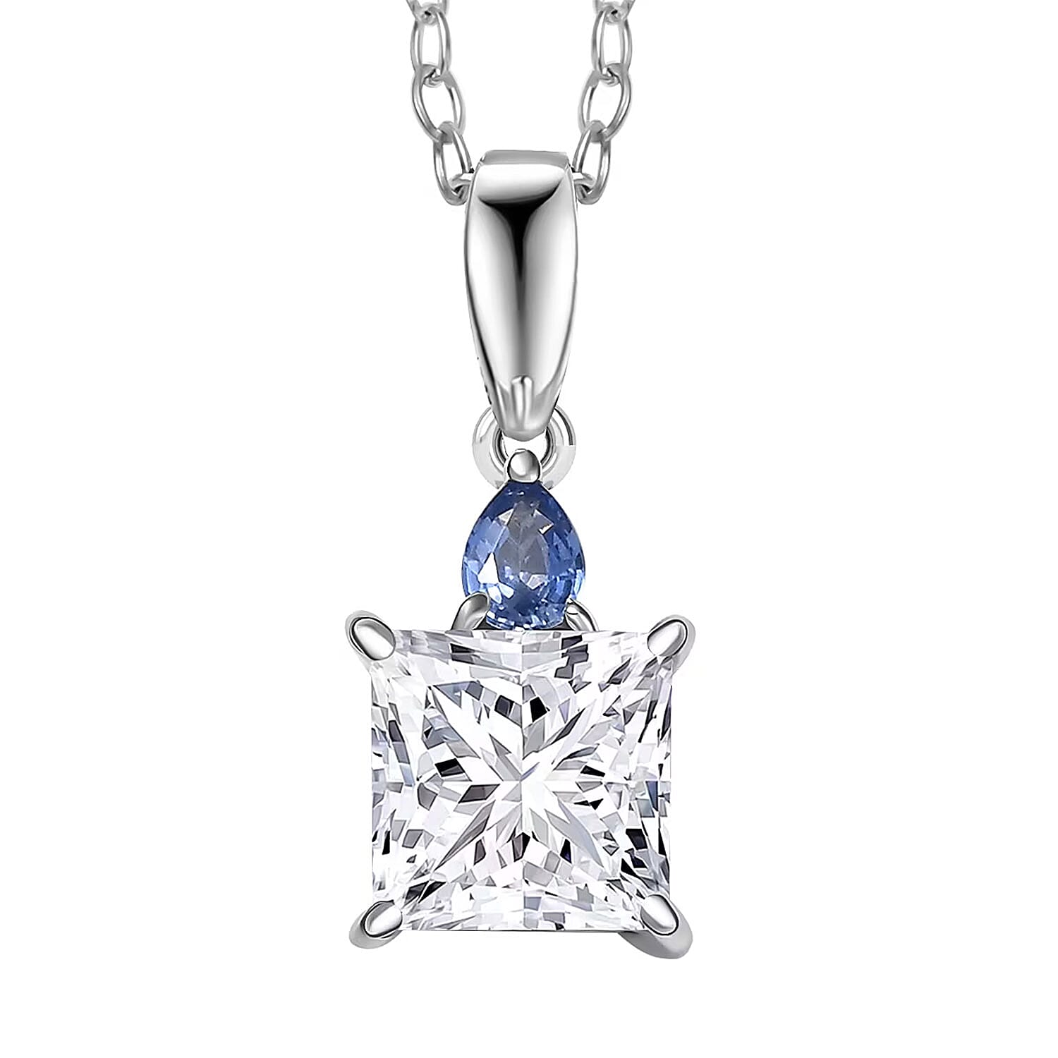 shop lc IGI Certified Princess Cut Luxuriant Lab Grown Diamond E-F VS and Ceylon Blue Sapphire 2.15 ctw Pendant Necklace in 950 Platinum 20 Inches