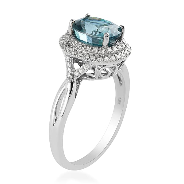 Shop Lc Iliana 18K White Gold AAA Blue Zircon And Diamond G-H SI Double Halo Ring 4.45 Grams 3.85 Ctw