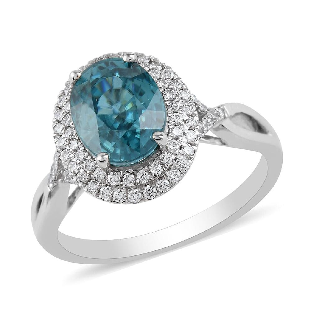 shop lc Iliana 18K White Gold AAA Blue Zircon and Diamond G-H SI Double Halo Ring 4.45 Grams 3.85 ctw