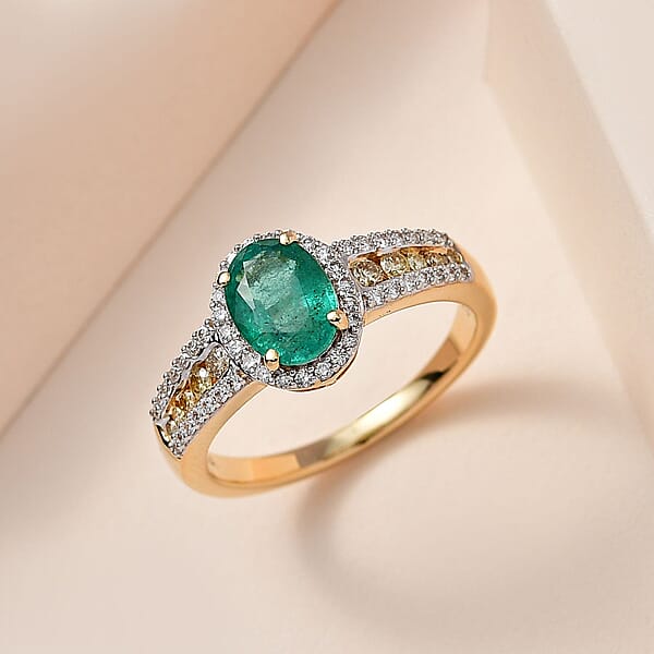 Shop Lc Iliana 18K Yellow Gold AAA Kagem Zambian Emerald And I1-I2 Natural Yellow And White Diamond Ring 4.10 Grams 1.60 Ctw