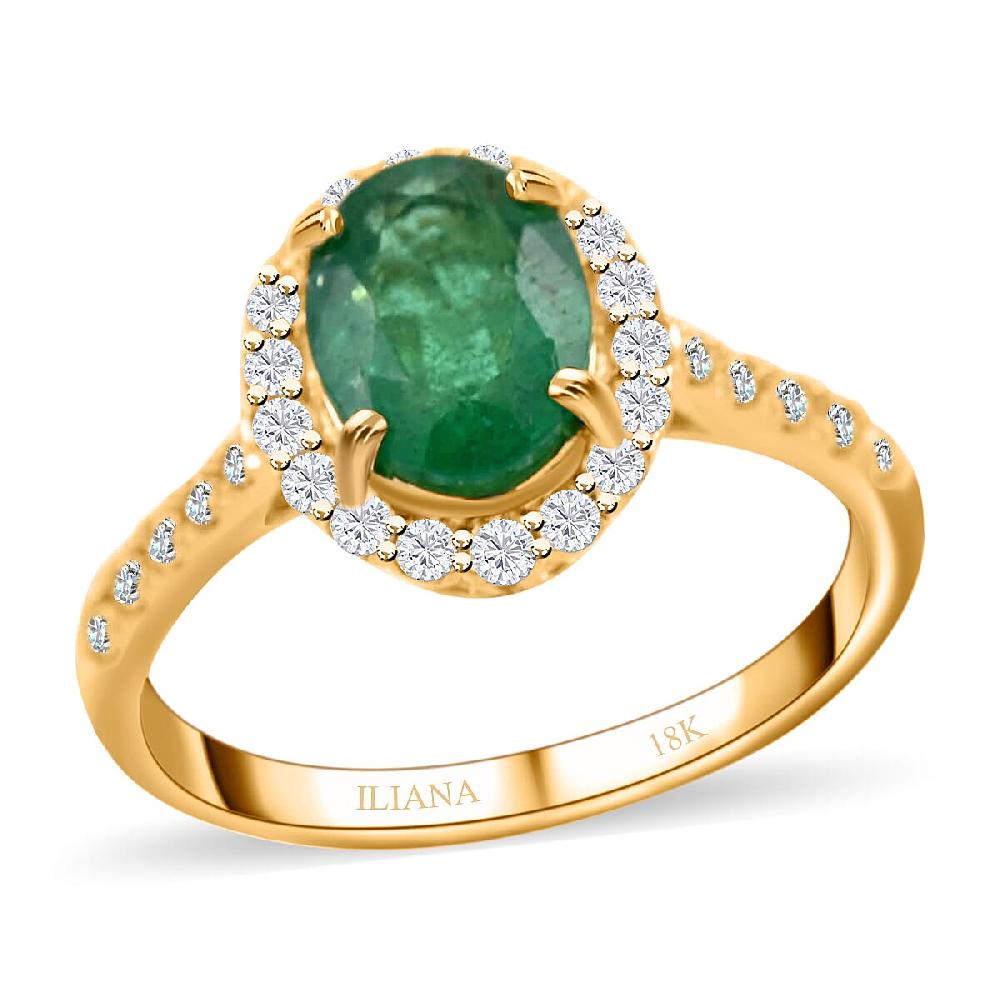 shop lc Iliana 18K Yellow Gold AAA Kagem Zambian Emerald and G-H SI Diamond Halo Ring 1.65 ctw