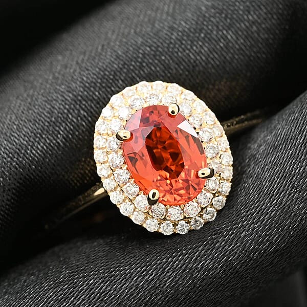 Shop Lc Iliana 18K Yellow Gold AAA Sanguine Sapphire And G-H SI Diamond Double Halo Ring 1.25 Ctw