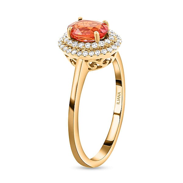 Shop Lc Iliana 18K Yellow Gold AAA Sanguine Sapphire And G-H SI Diamond Double Halo Ring 1.25 Ctw