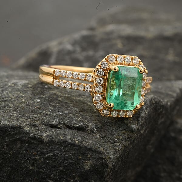 Shop Lc Iliana AAA Boyaca Colombian Emerald And G-H SI Diamond 1.70 Ctw Halo Ring In 18K Yellow Gold