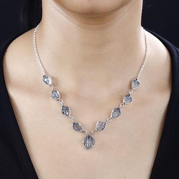 Shop Lc Indian Artistry Aquamarine Carved 21.50 Ctw Leaf Necklace In Sterling Silver 18-20 Inches