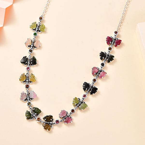 Shop Lc Indian Artistry Multi-Tourmaline Carved 18.75 Ctw Butterfly Necklace In Sterling Silver 18-20 Inches