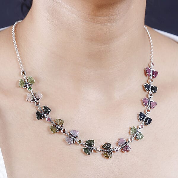 Shop Lc Indian Artistry Multi-Tourmaline Carved 18.75 Ctw Butterfly Necklace In Sterling Silver 18-20 Inches