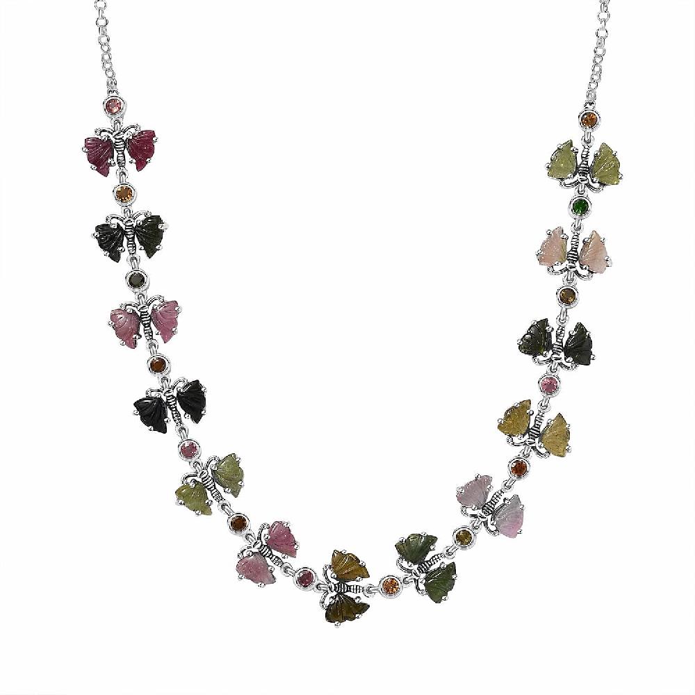 shop lc Indian Artistry Multi-Tourmaline Carved 18.75 ctw Butterfly Necklace in Sterling Silver 18-20 Inches