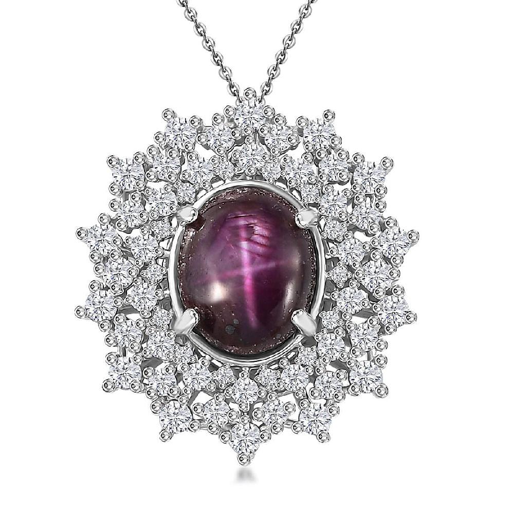 shop lc Indian Star Ruby and Moissanite Star Burst Pendant Necklace 20 Inches in Rhodium Over Sterling Silver 8.10 ctw