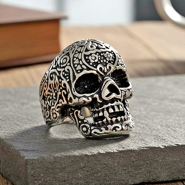 Shop Lc Intricate Skull Ring In Black Oxidized And Stainless Steel
