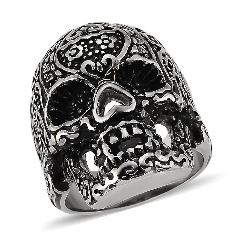 shop lc Intricate Skull Ring in Black Oxidized and Stainless Steel