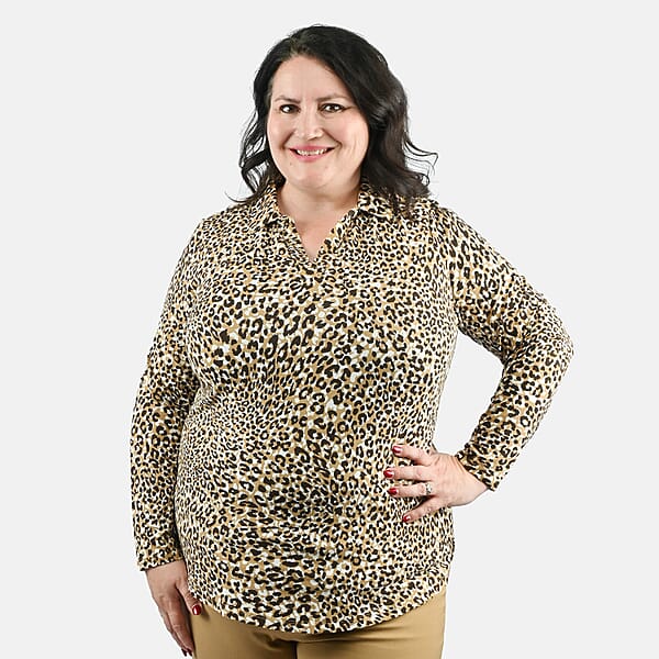 Shop Lc Isaac Mizrahi Natural Leopard Split-Neck Collared Top - 2X